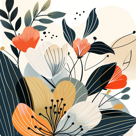 Abstract floral background with hand drawn flowers and leaves. Vector illustration.の素材