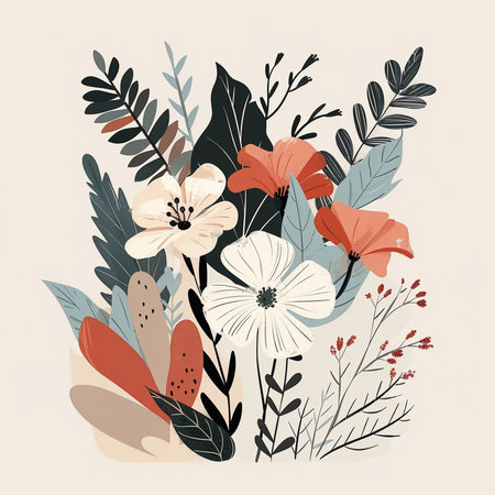 Hand drawn vector abstract floral illustration with wildflowers, leaves and branches. Perfect for invitations, greeting cards, blogs, posters, web design.の素材