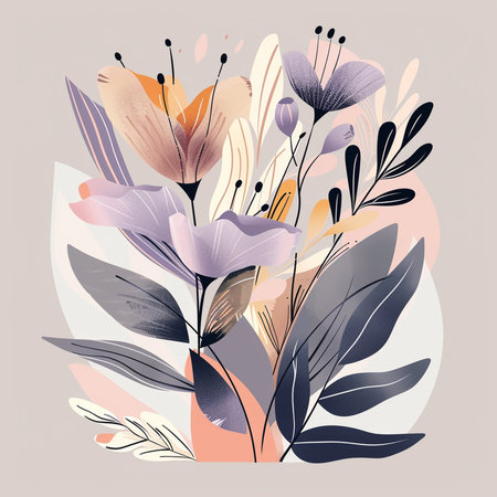 Hand drawn vector abstract floral illustration with leaves and flowers in pastel colorsの素材