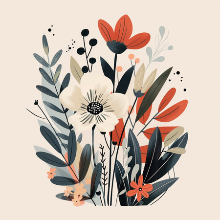 Hand drawn vector abstract floral illustration with wildflowers and leaves.の素材