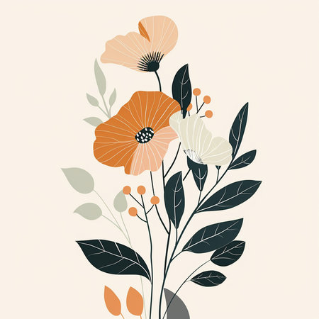 Floral background with poppies and leaves. Vector illustration.の素材