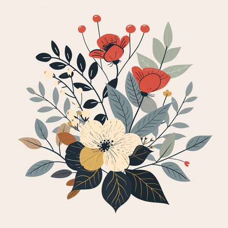 Vector vintage floral bouquet with poppies, flowers and leaves.の素材
