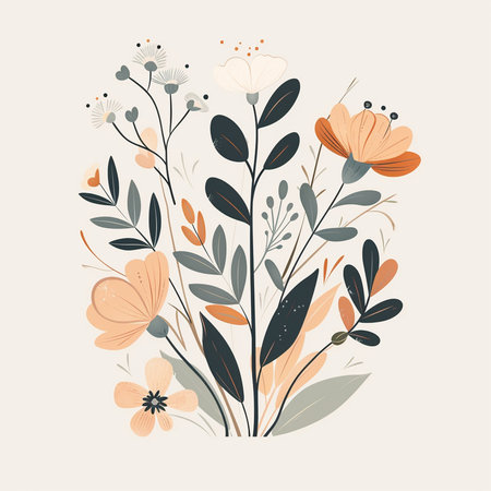 Floral background with hand drawn flowers and leaves. Vector illustration.の素材