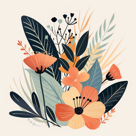 Hand drawn vector abstract floral illustration with vintage flowers, leaves and plants.の素材