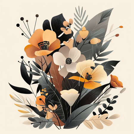 Floral background with hand drawn flowers and leaves. Vector illustration.の素材