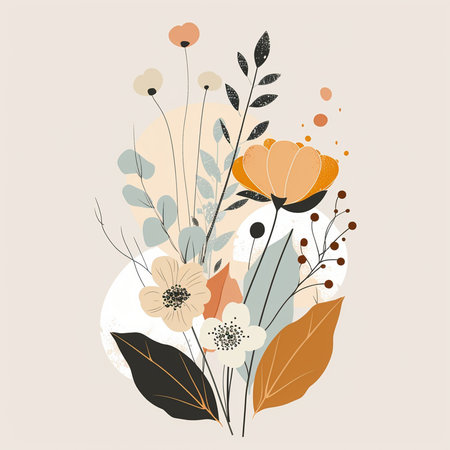 Hand drawn vector abstract floral illustration with flowers, leaves and doodle elementsの素材