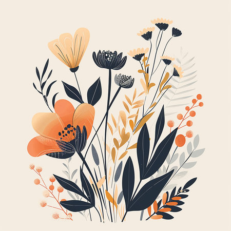 Floral background with hand drawn flowers and plants. Vector illustration.の素材