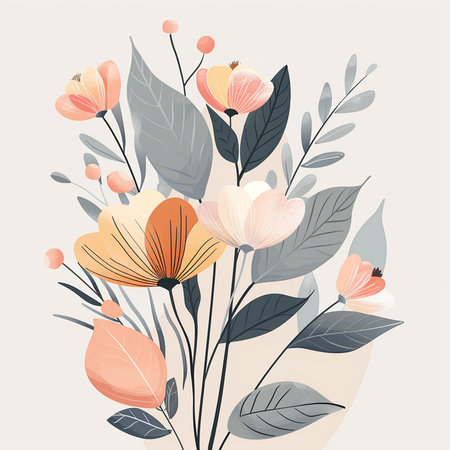 Hand drawn vector abstract floral illustration with flowers and leaves in pastel colorsの素材