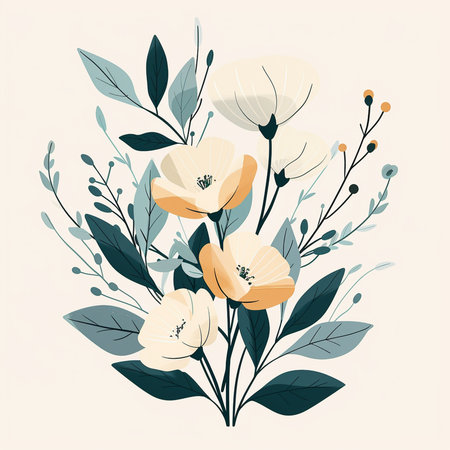 Hand drawn vector abstract floral illustration with white flowers, leaves and branches.の素材