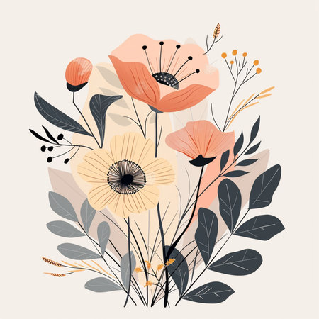 Hand drawn vector abstract floral illustration with poppies, leaves and flowers in pastel colors isolated on beige background.の素材