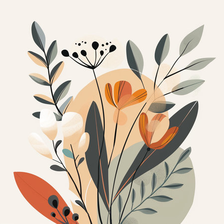 Floral background with leaves and flowers. Hand drawn vector illustration.の素材