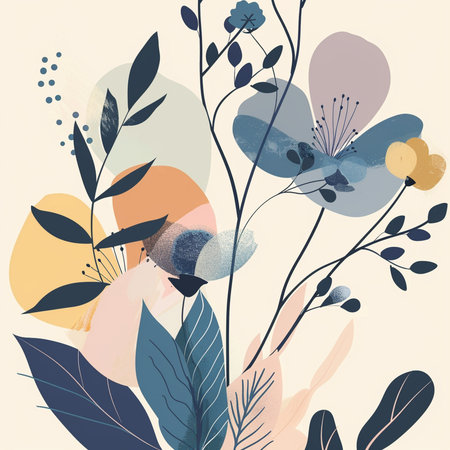 Abstract floral background with hand drawn flowers and leaves. Vector illustration.の素材