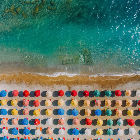 Aerial view of beach with colorful umbrellas and sunbeds.の素材