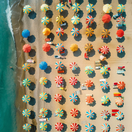 Aerial view of beach with umbrellas and sunbedsの素材