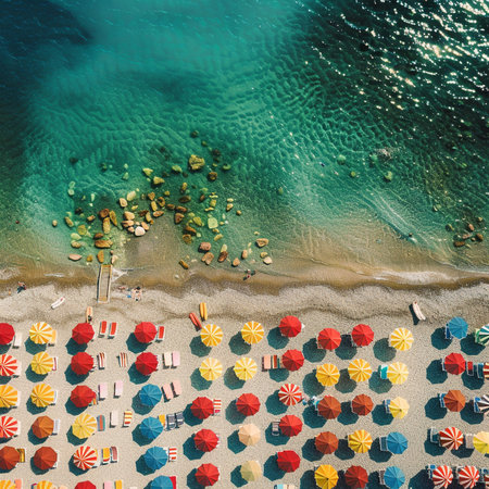 Aerial view of beautiful beach with sunbeds and umbrellas.の素材
