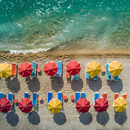 Aerial view of beach with colorful umbrellas and sunbeds. Summer vacation conceptの素材