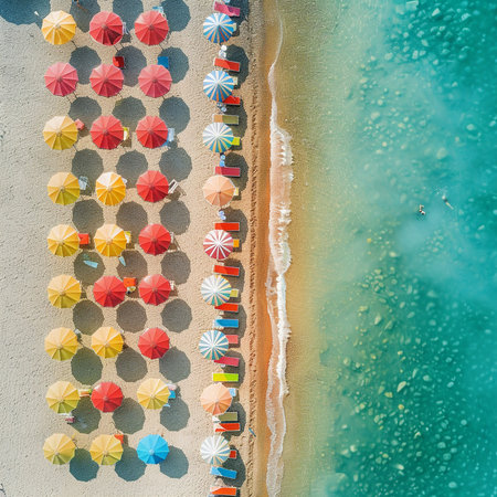 Aerial view of beautiful beach with sunbeds and umbrellas, Sithonia, Greeceの素材