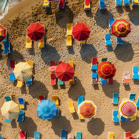 Aerial view of beach umbrellas and sunbeds on the beachの素材