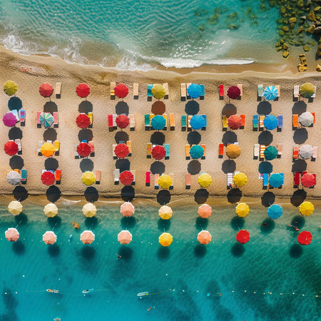 Aerial view of a beach with umbrellas and sunbeds. Top viewの素材