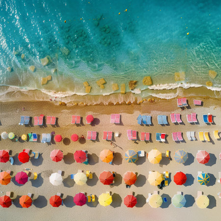 Aerial view of beautiful beach with sunbeds and umbrellas.の素材