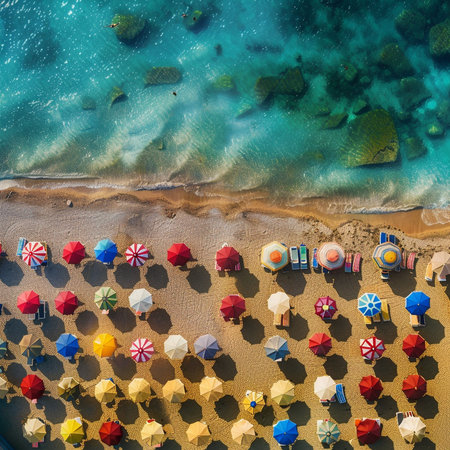 Aerial view of beautiful beach with colorful umbrellas and sunbeds.の素材