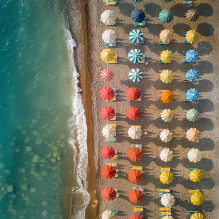 Aerial view of colorful umbrellas on the beach in Spainの素材