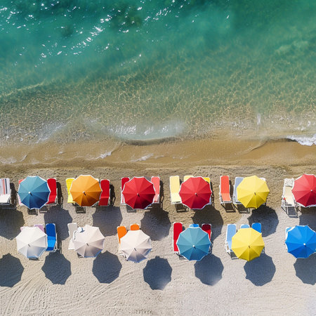 Aerial view of beach umbrellas and sun loungers on the sandy beachの素材