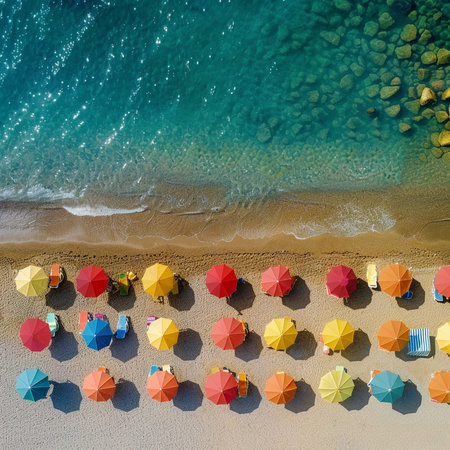 Aerial view of beautiful sandy beach with colorful umbrellas.の素材