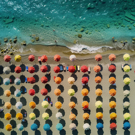 Aerial view of umbrellas on the beach. Summer holidays in Italyの素材