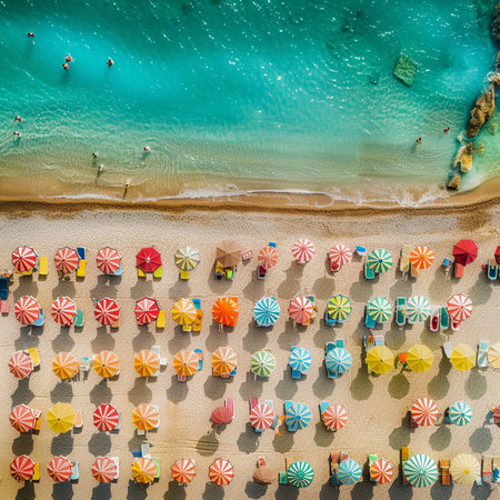 Aerial view of beautiful beach with umbrellas and sunbeds. Top viewの素材