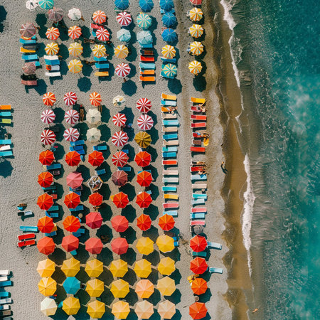 Aerial view of the beach with umbrellas and sunbedsの素材