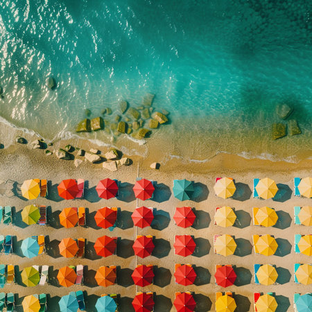 Aerial view of beach with colorful umbrellas. Top viewの素材