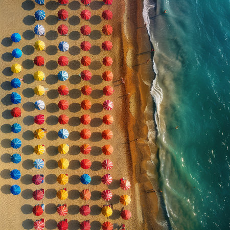Aerial view of beach with umbrellas and sunbeds in summer, Sardinia, Italyの素材