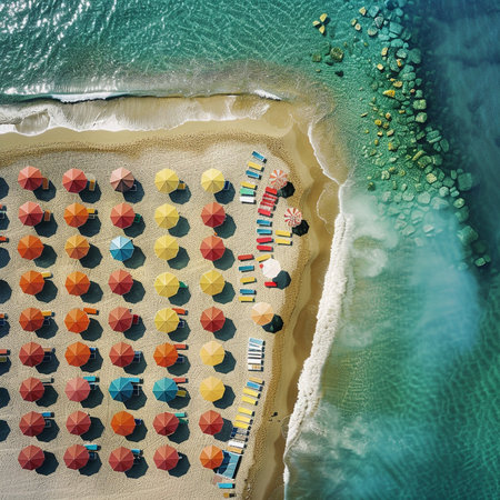 Aerial view of the beach with colorful umbrellas and sunbedsの素材