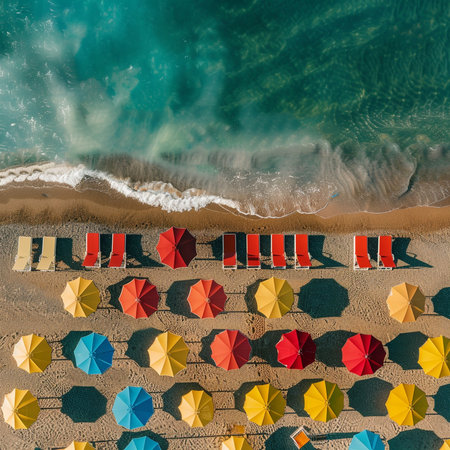 Aerial view of beach umbrellas and sunbeds on the sandy beachの素材