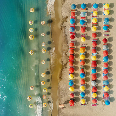 Aerial view of sandy beach with sunbeds and umbrellas. View from aboveの素材