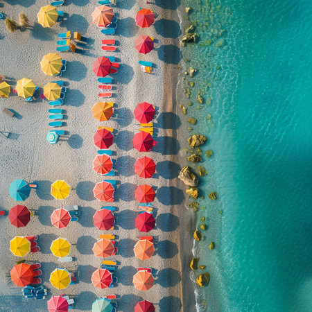 Aerial view of beautiful beach with colorful umbrellas and sun loungersの素材