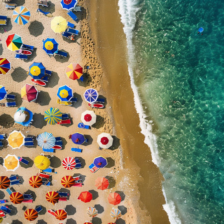 Aerial view of beautiful beach with sunbeds and umbrellas in summer, Costa Brava, Catalonia, Spainの素材