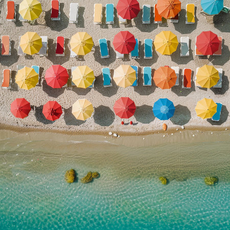 Aerial view of sunbeds and umbrellas on the beachの素材