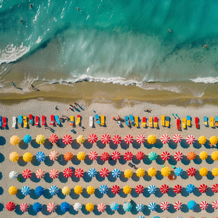 Aerial view of the beach with umbrellas and sunbedsの素材