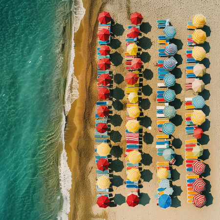 Aerial view of umbrellas and sunbeds on the beach.の素材