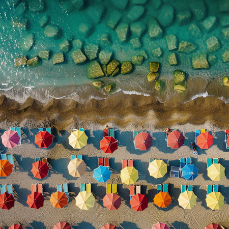 Aerial view of a beach with umbrellas and sunbedsの素材