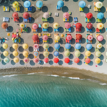 Aerial view of a beach with sunbeds and umbrellasの素材