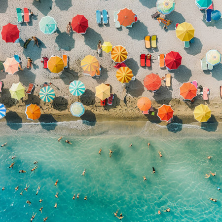 Aerial view of people swimming and sunbathing on the beach in Greeceの素材