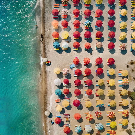 Aerial view of the beach with umbrellas and sunbeds.の素材