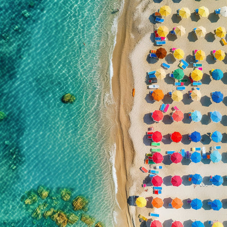 Aerial view of sandy beach with colorful umbrellas and sunbeds.の素材