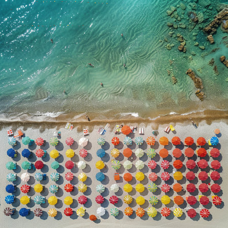 Aerial view of beach with umbrellas and sunbedsの素材