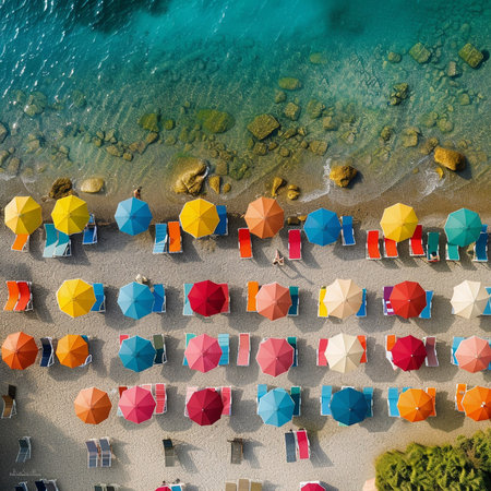 Aerial view of beach umbrellas and sunbeds.の素材