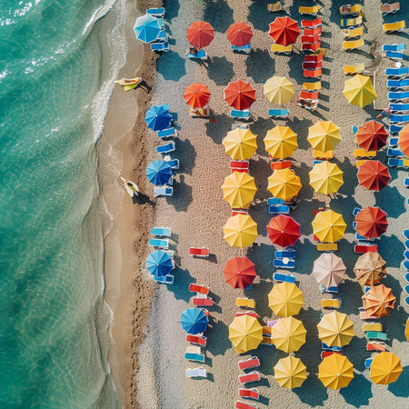 Aerial view of the beach with umbrellas and sunbedsの素材
