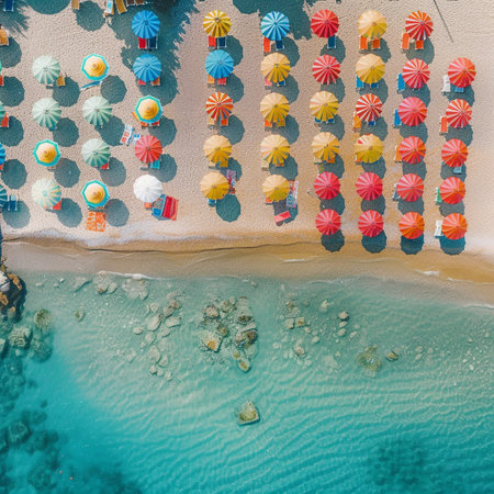 Aerial view of the beach with umbrellas and sunbedsの素材